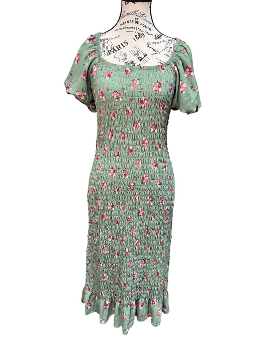 Trixxi Sage Green Smocked Bodycon  Midi Dress